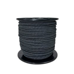 Black elastic cord with reflective thread for high visibility and superior stretch performance. Ideal for securing loads, kayaks