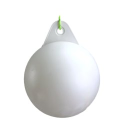 White float ball made of durable thermoplastic, blow-molded and designed for long-lasting buoyancy in marine environments.