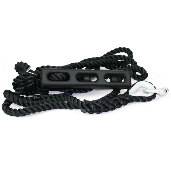 Mooring line with rubber shock absorber and thimble.