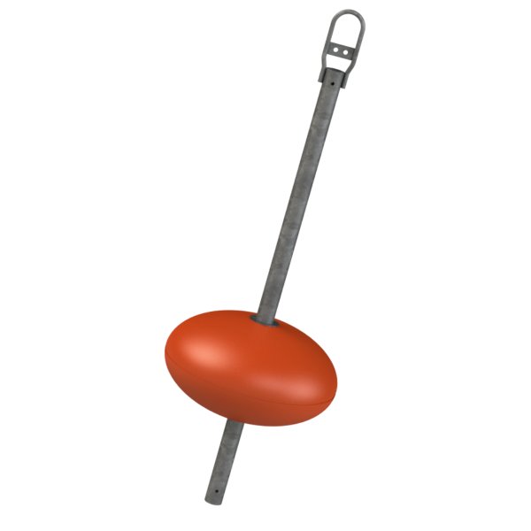 Red mooring buoy with a durable outer shell made of impact-resistant polyethylene and a hollow steel rod for easy mooring.
