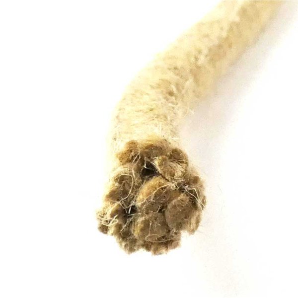 Braided hemp-like rope made from a soft synthetic material that resembles hemp.