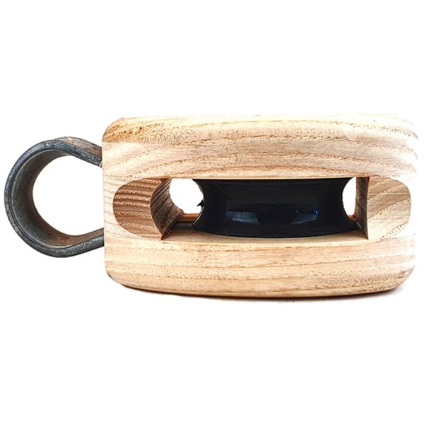 Wooden blocks made of ash, polyamide sheave, galvanized hardware, stainless steel axle, and brass washer. For rigging and liftin