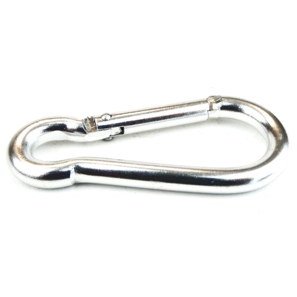 Silver snap hook for connecting, securing, and lifting applications.