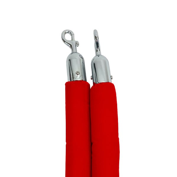 Close-up of red velvet barrier rope, showcasing its luxurious texture and sturdy chrome-plated snap hook