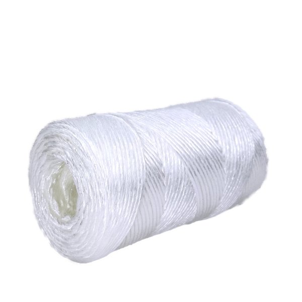 Close-up of twisted white tying twine with high abrasion resistance. Commonly used as packaging twine and lashing cord