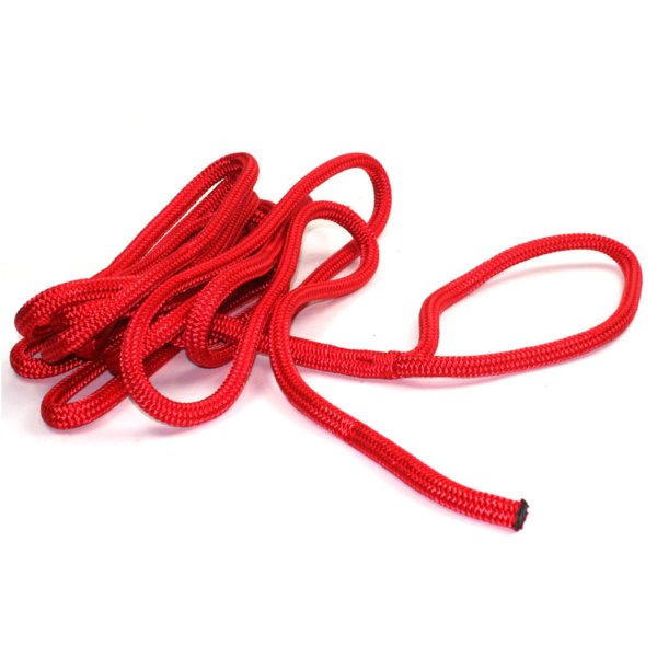 Red mooring rope with spliced loop.