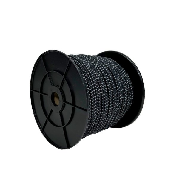 Black elastic cord with reflective thread for high visibility and superior stretch performance. Ideal for securing loads, kayaks