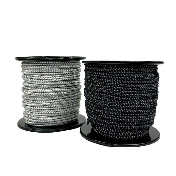 Close-up of a durable elastic rope with integrated reflective strand, combined with braided polyester multifilament for enhanced