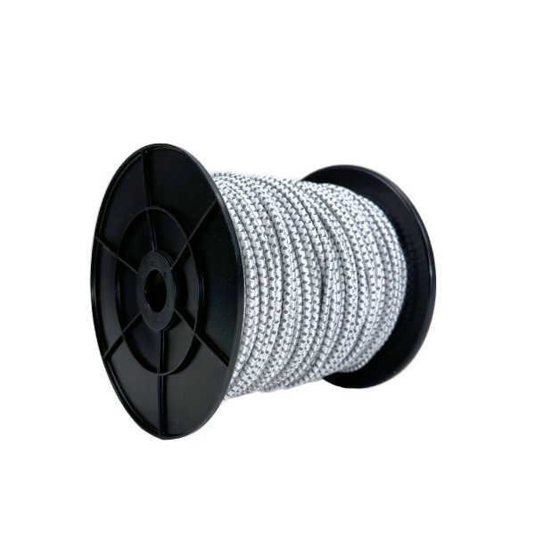 White elastic cord with reflective thread for high visibility and superior stretch performance. Ideal for securing loads, kayaks