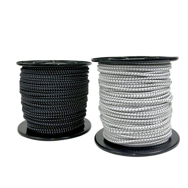 Close-up of a durable elastic rope with integrated reflective strand, combined with braided polyester multifilament for enhanced