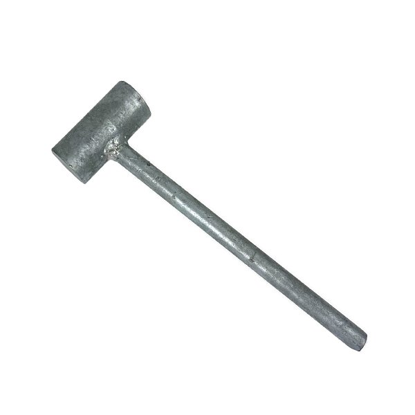 Galvanized hammer for driving rock wedges into crevices when mooring boats. Durable and reliable for marine environments.