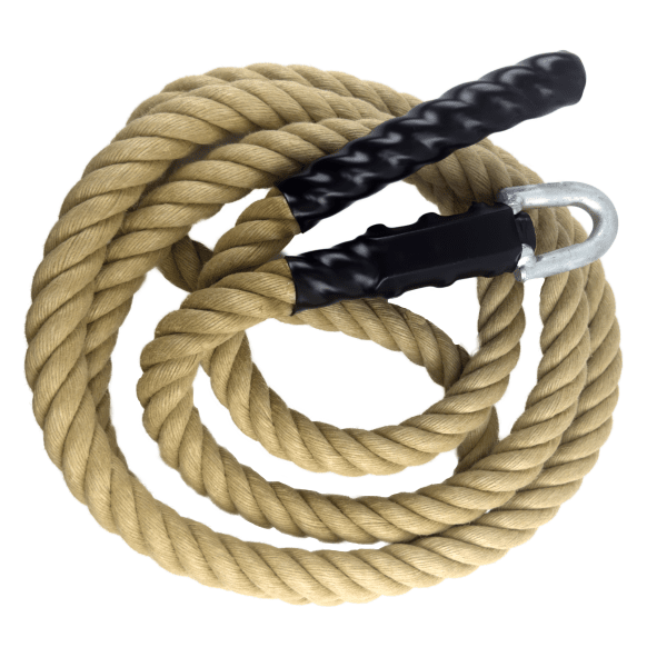 Synthetic hemp climbing rope with spliced lodline fitting and heat shrink tubing for added safety. Ideal for climbing, training,