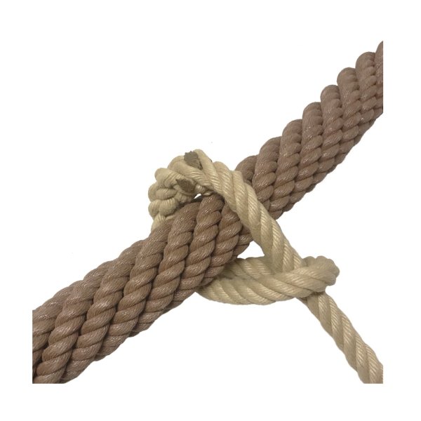 Close-up of a 32 mm 4-strand natural hemp climbing rope. Featuring a secure spliced loop and heat shrink tubing for end protecti