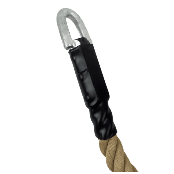 Natural hemp climbing rope with spliced lodline fitting and heat shrink tubing. Ideal for indoor climbing, training, and pulling