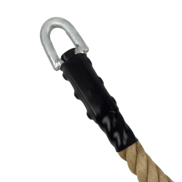 Natural hemp climbing rope with spliced lodline fitting and heat shrink tubing. Ideal for indoor climbing, training, and pulling