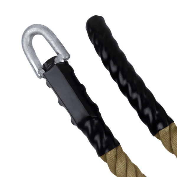 Synthetic hemp climbing rope with spliced lodline fitting and heat shrink tubing for added safety. Ideal for climbing, training,