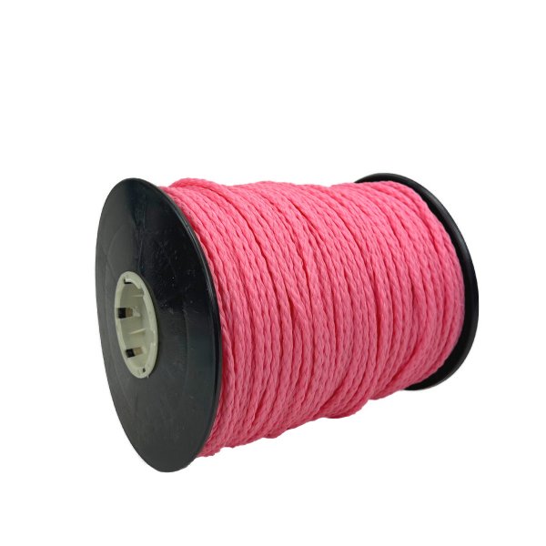 Close-up of a 6 mm 8-braid light pink polyethylene rope. The loose braid design makes it easy to splice, suitable for barriers,