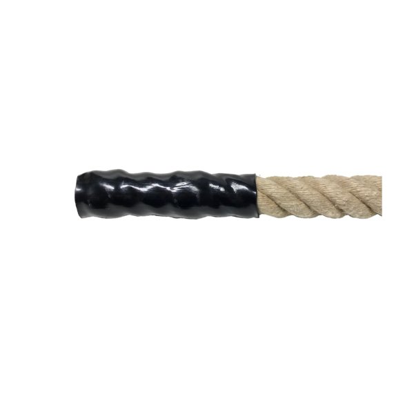 Close-up of a 32 mm 4-strand natural hemp climbing rope. Equipped with a galvanized lodline fitting and protective heat shrink t