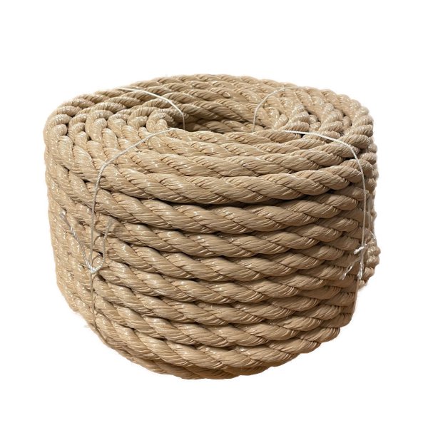 A close-up image of a beige 3-strand PP split film rope coiled, showcasing its durable twisted texture and subtle sheen