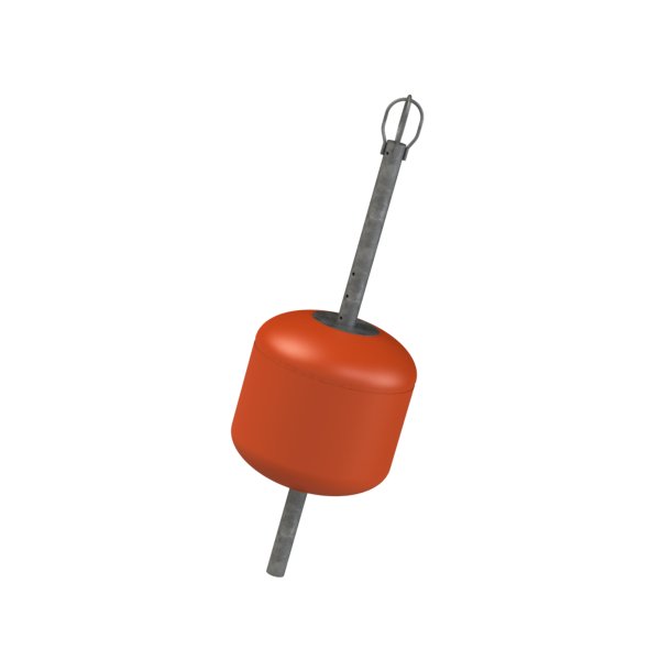 Red mooring buoy with a durable outer shell made of impact-resistant polyethylene and a hollow steel rod for easy mooring.