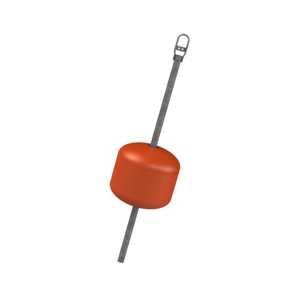 Red mooring buoy with a durable outer shell made of impact-resistant polyethylene and a hollow steel rod for easy mooring.