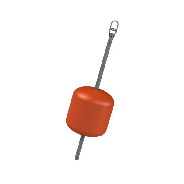 Red mooring buoy with a durable outer shell made of impact-resistant polyethylene and a hollow steel rod for easy mooring.