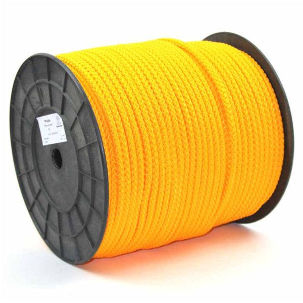Yellow cross-braided rope made of polypropylene multifilament.