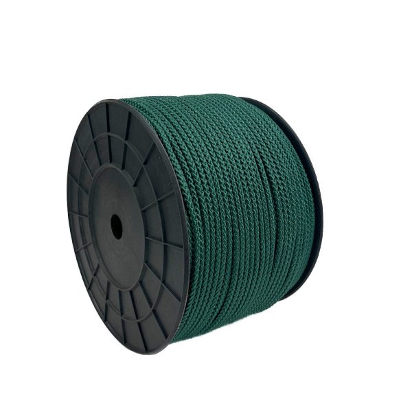Close-up of dark green 8-braided rope neatly wound on a spool, highlighting its tight braiding and durable construction.