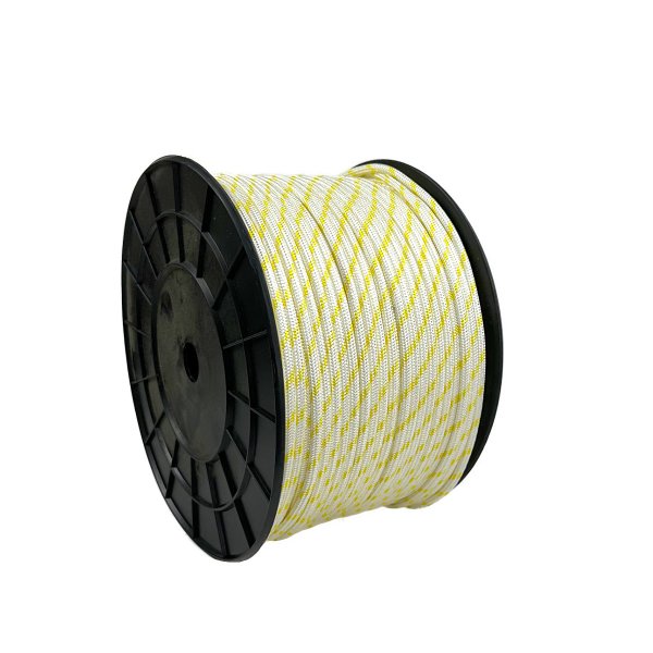 Close-up of the MX sheet and trim line, displaying the white 24/32-braided structure with white/yellow tracer yarns for easy ide