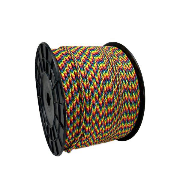 Close-up of the 16-plaited polyester silk in vibrant rainbow colors, featuring a smooth and shape-retaining structure that preve