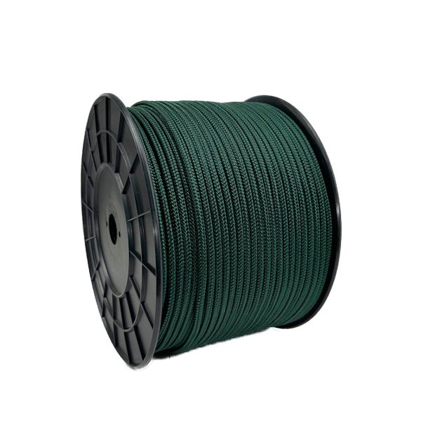 Close-up of dark green braided rope, showcasing its tight weave and flexible form, ideal for use as a sheet or trim line on sail