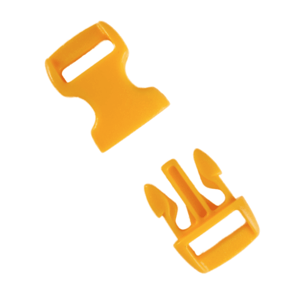 Close-up of the yellow plastic buckle showcasing its sturdy material and smooth snap-lock mechanism.