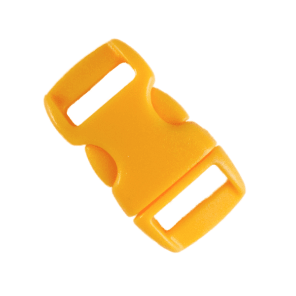 Yellow plastic buckle with a durable construction, perfect for dog leashes, bags, and straps. Secure and easy-to-use design.