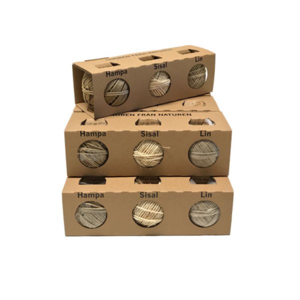 A gift set containing three different natural twines made of hemp, sisal, and linen. Ideal for gift wrapping, decorations, and c