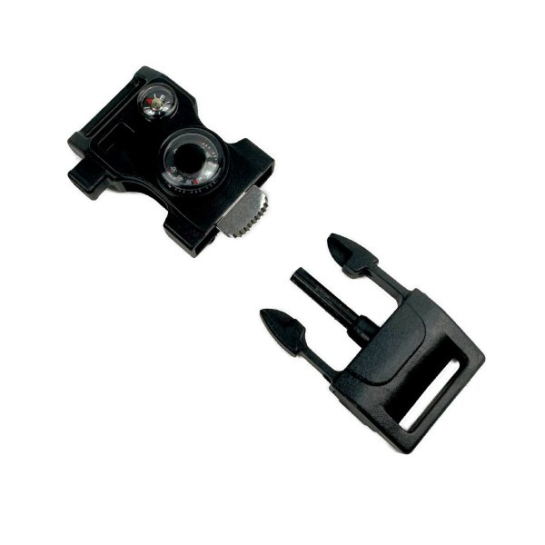 Close-up of the buckle highlighting its integrated features, including the compass, saw/knife, screwdriver, and bottle opener.