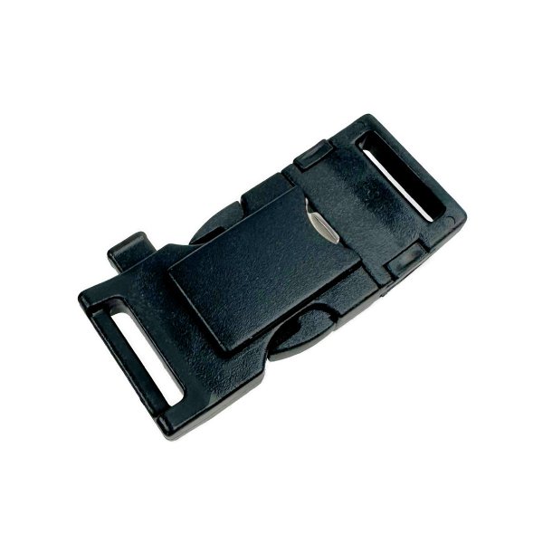 Multifunctional paracord buckle in black, featuring a built-in compass, fire starter, thermometer, whistle, and detachable multi