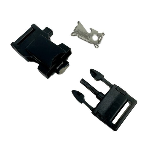 Close-up of the buckle highlighting its integrated features, including the compass, saw/knife, screwdriver, and bottle opener.