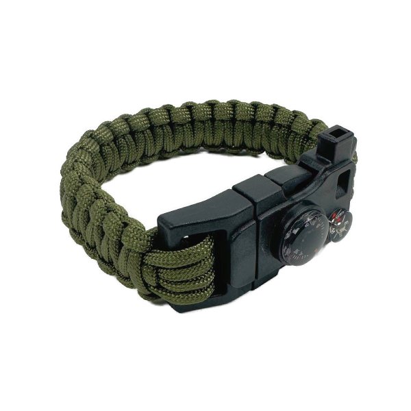Multifunctional paracord buckle in black, featuring a built-in compass, fire starter, thermometer, whistle, and detachable multi