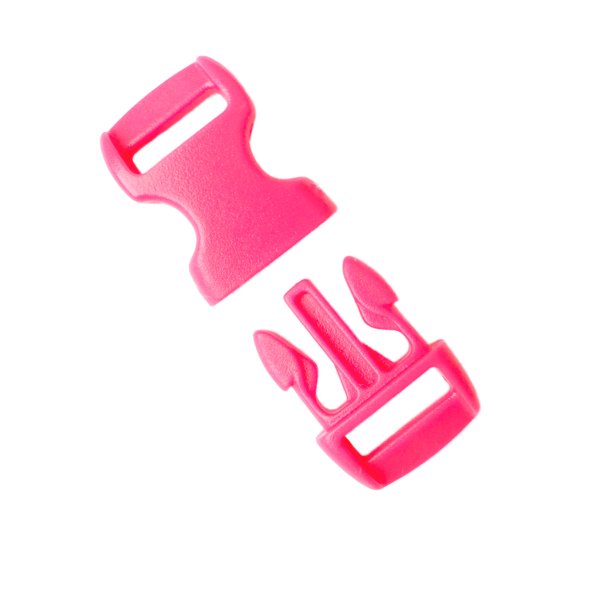 Close-up of the cerise plastic buckle showcasing its sturdy material and smooth snap-lock mechanism.
