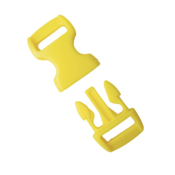 Close-up of the yellow plastic buckle showcasing its sturdy material and smooth snap-lock mechanism.