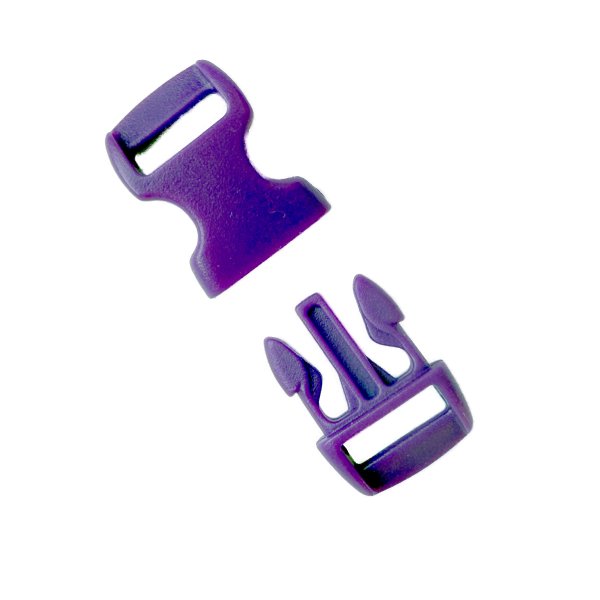 Close-up of the purple plastic buckle showcasing its sturdy material and smooth snap-lock mechanism.