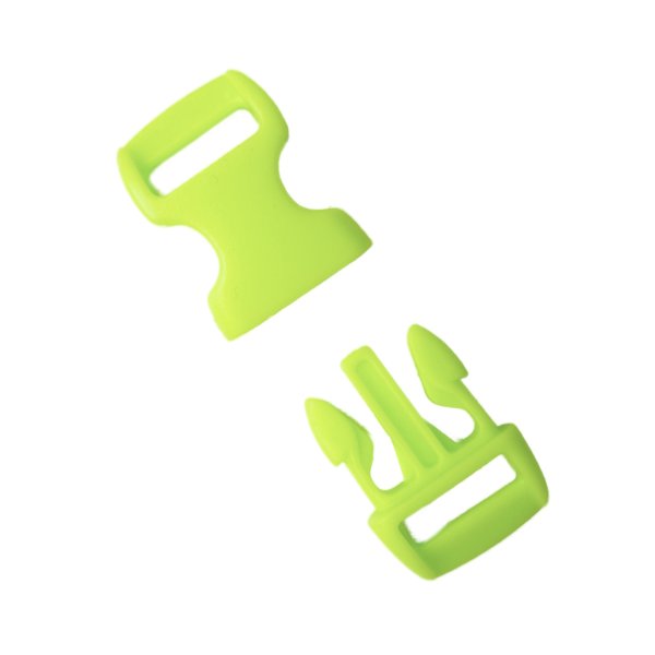 Close-up of the lime green plastic buckle showcasing its sturdy material and smooth snap-lock mechanism.