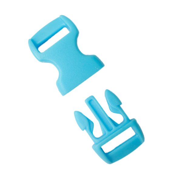 Close-up of the light blue plastic buckle showcasing its sturdy material and smooth snap-lock mechanism.