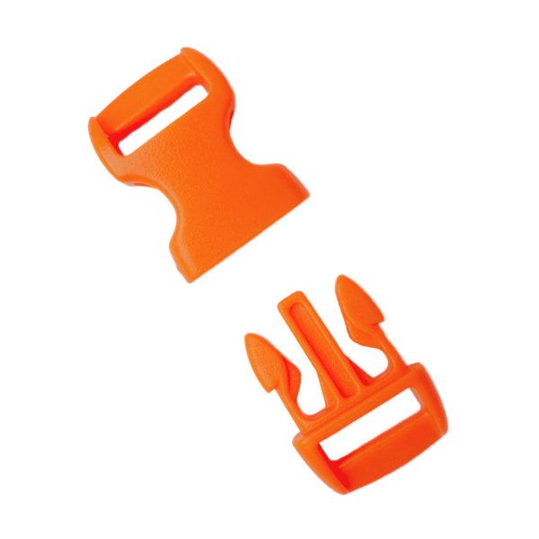 Close-up of the orange plastic buckle showcasing its sturdy material and smooth snap-lock mechanism.