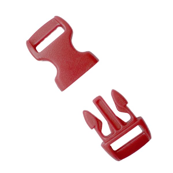 Close-up of the red plastic buckle showcasing its sturdy material and smooth snap-lock mechanism.