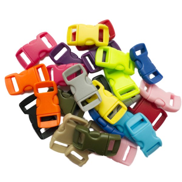 Multiple plastic buckles in various colors stacked in a pile, including red, pink, orange, olive green, light blue, lime green,