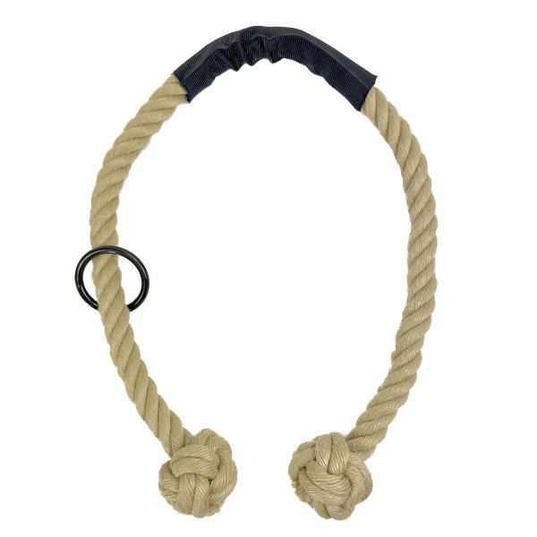 Full view of the entire triceps rope, displayed in a natural position to showcase its length and sturdy construction.